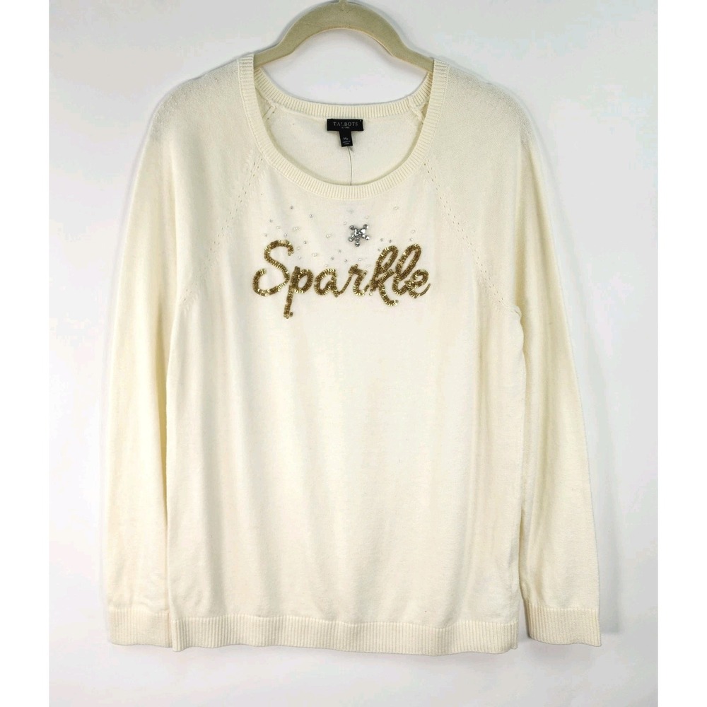 Talbots Sweater Women's M Petite Ivory Sparkle Sequin Rhinestone Beaded Holiday